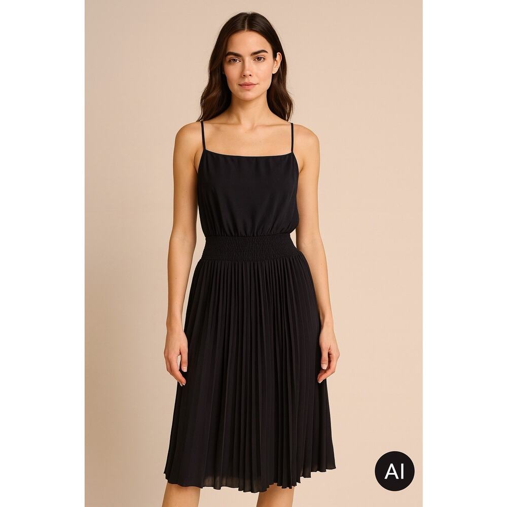 NWT Halogen Navy Dress‎ Spaghetti Strap Pleated Bottom XS Luxury Timeless Preppy
